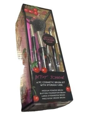 Betsey Johnson Pink Cosmetic Brush Set with storage bag & Cherry Accent